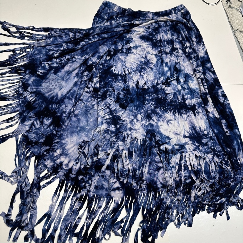 Fringed Tie-Dye Maxi Faux Wrap Skirt Boho Blue White Festival Coachella Large - Picture 3 of 11